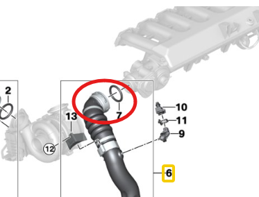 BMW Charged Air Inlet Intake Fitting for M57N & M57N2 - 45 Degree Elbow with O-ring and Steel Clip